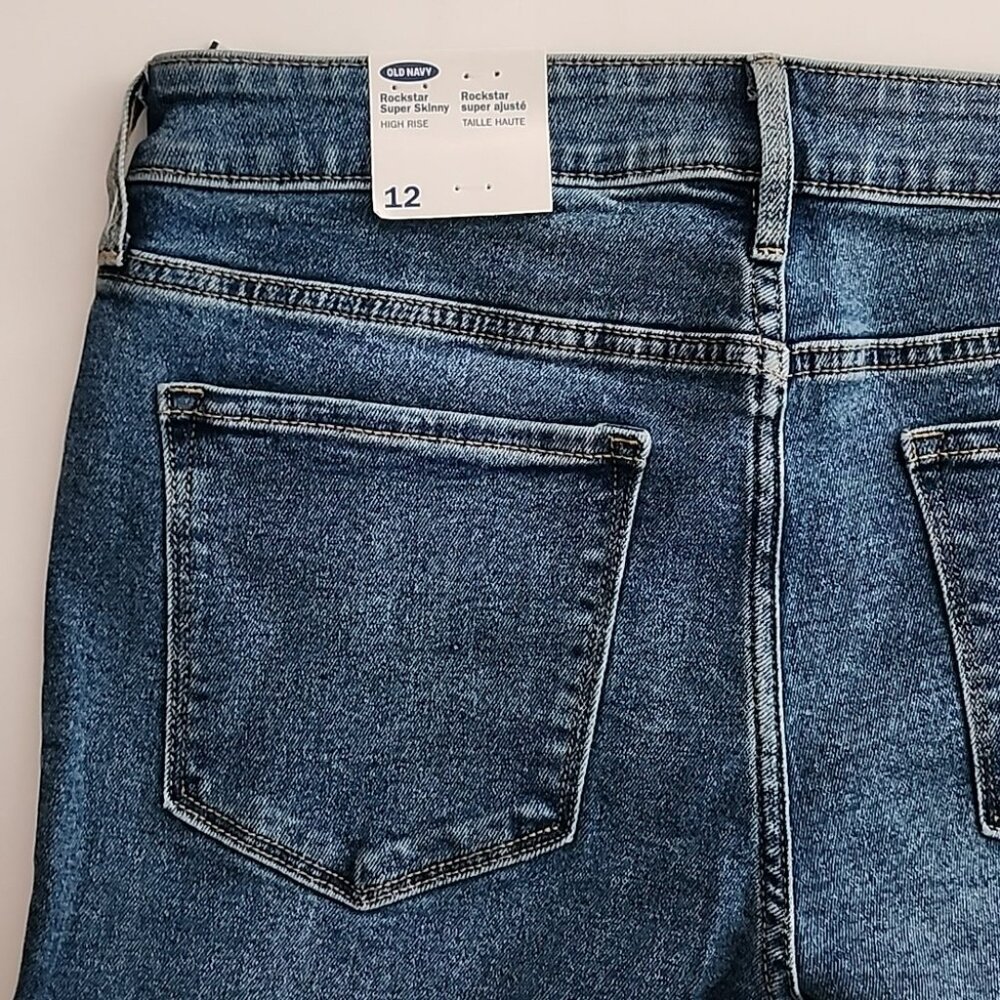 Old Navy Blue Jeans Rockstar Super Skinny High Rise Secure Slim Pockets Sz 12 - Picture 9 of 14